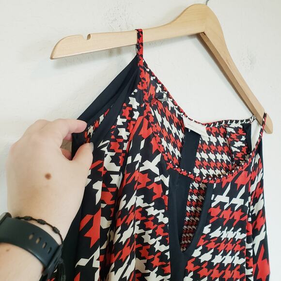 Jodi B Wise Silk Houndstooth Cold Shoulder Tunic Top Blouse Women's Medium Artsy - Picture 3 of 9